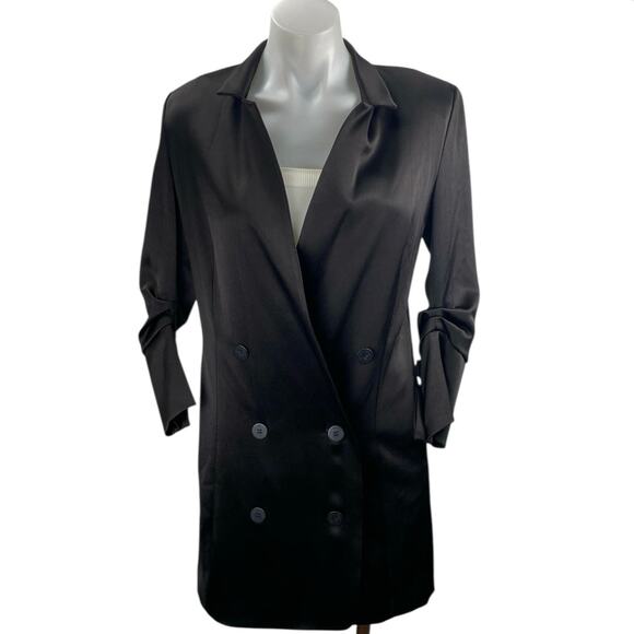 Halston Jackets & Blazers - Halston Black Satin Double Breasted Ruched 3/4 Sleeve Blaxzr Coat Jacket Top XS